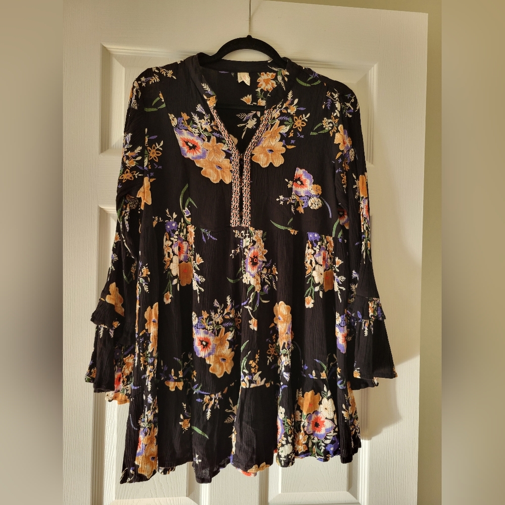 RAGA L Black Floral Tunic/Minidress with Orange and Purple Accents